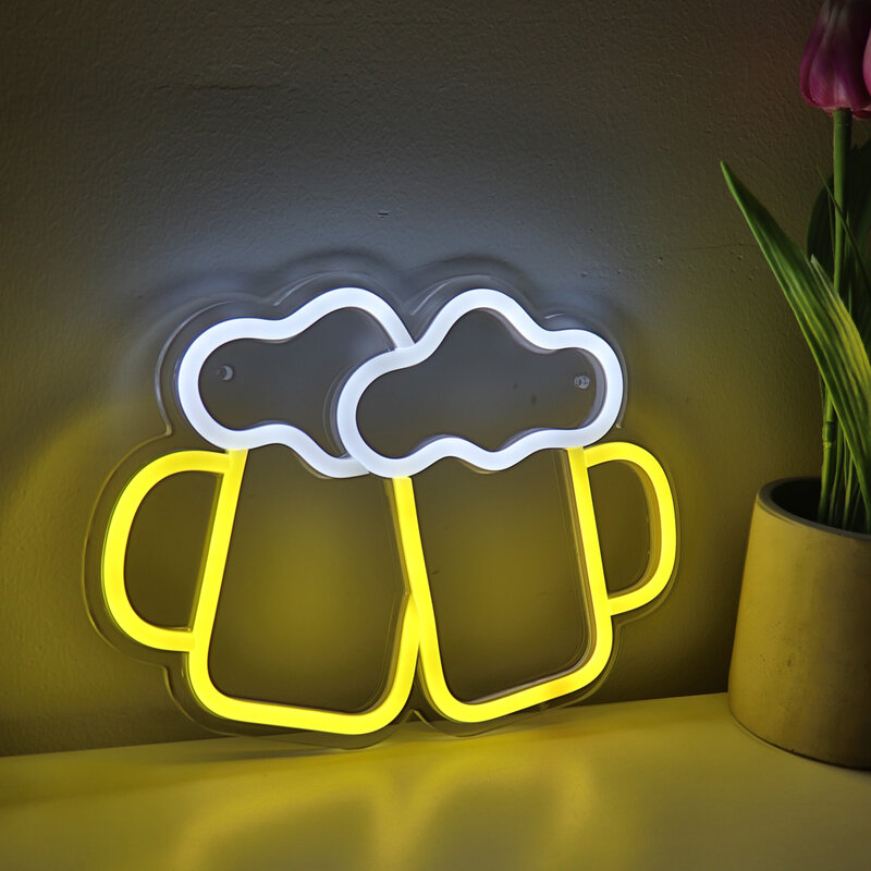Double Beer Cup Shape LED Wall Neon Light, Art Sign for Party, Influencer, Club, Bar, Suco, Loja Decoração, 10.2 "x 7.44", 1Pc