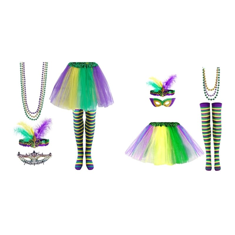 Carnival Party Costume Accessories Mardi Gras Party Decor Bead Necklace Mask Set T8NB