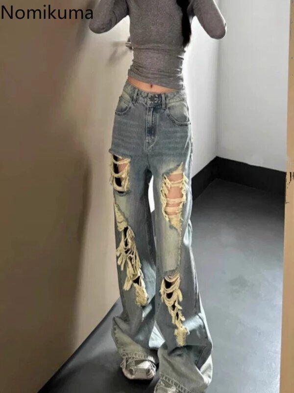 Harajuku Jeans strappati donna Vintage vita alta pantaloni dritti a gamba larga pantaloni Casual moda Streetwear estate Pantalon Femme