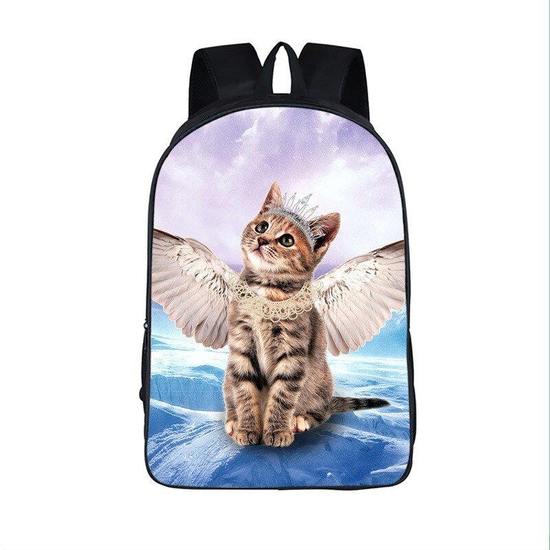 Sac à dos imprimé aile d'ange chat Kawaii pour enfants, sacs d'école pour adolescents, sacs à dos de rangement pour filles et garçons, sacs de voyage en plein air, noir et blanc