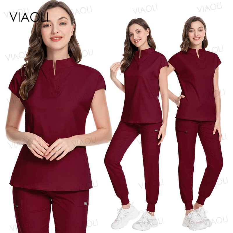 Fashionable Nurse Uniform Set Summer Short Sleeve Split Suit Nursing Workwear Professionals Beauty Uniforms Medical Scrubs Women