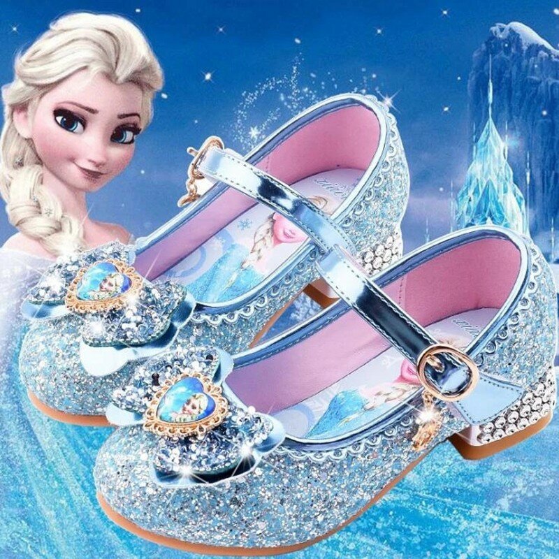 Zapatos informales de tacón alto para niña, zapatillas de dibujos animados de Frozen, princesa Elsa, zapatos de cuero con lazo