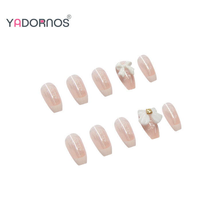 24Pcs White French Fake Nails Nude Color Press on Nails 3D Bowknot Designed Wearable False Nail Rose Flower Printed DIY Manicure
