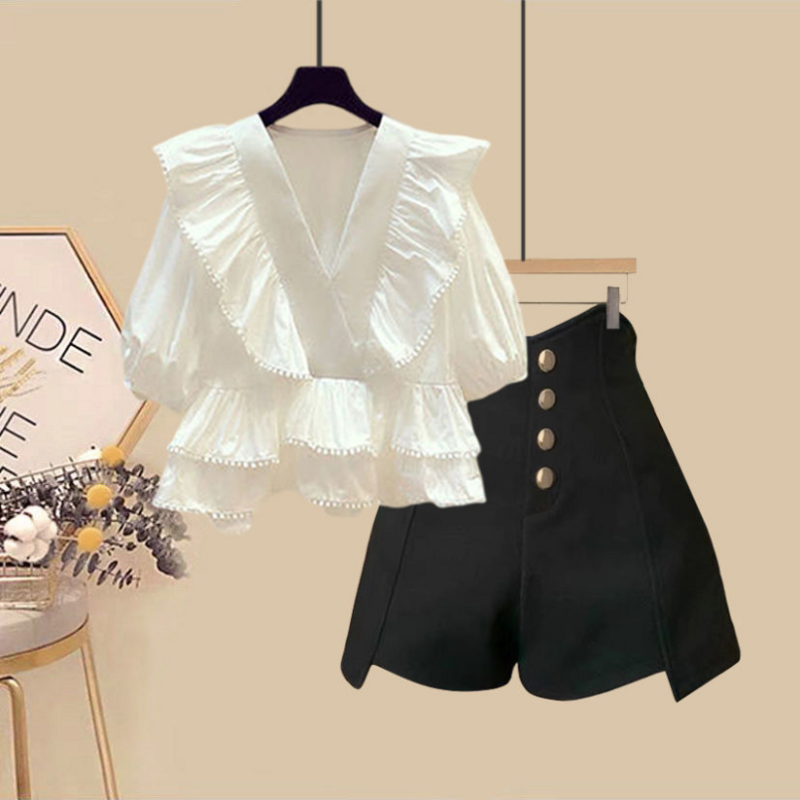 Spring/Summer Set Women's New Korean Edition Slimming Ruffle Edge Shirt High Waist Shorts Two Piece Set Trendy