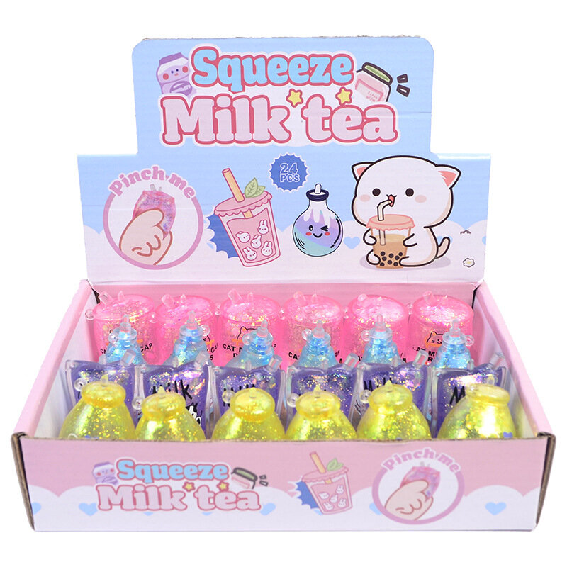Mini taza de té de leche pequeña de dibujos animados kawaii para niños, botella de bebé de maltosa, Squirm, taza de té de leche suave, alivio del estrés, juguetes para apretar, 4 piezas