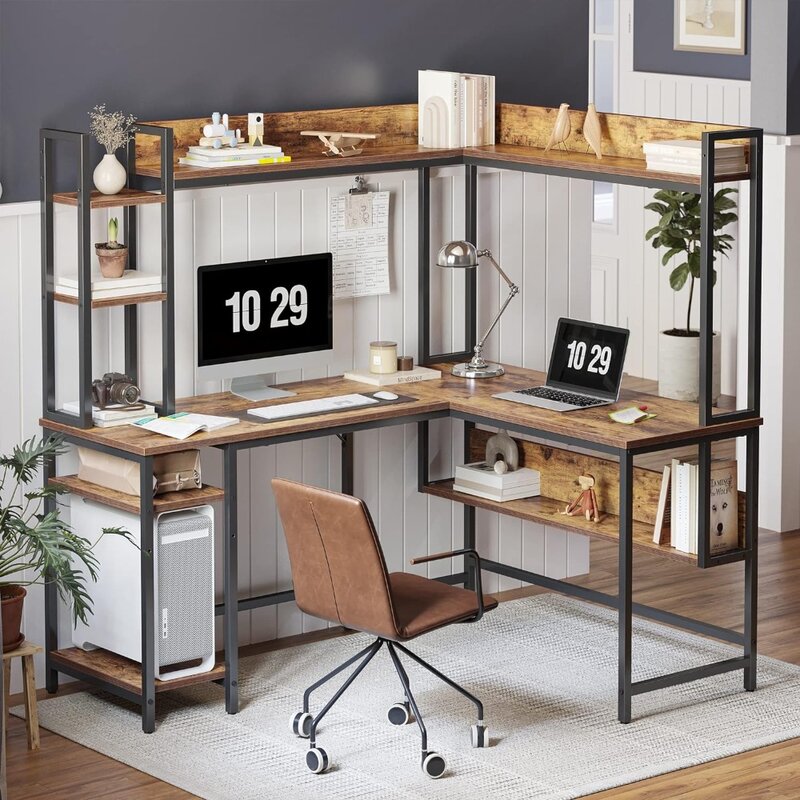 Escritorio para juegos con forma de Hutch, escritorio de computadora de esquina de 60 "con estantes de almacenamiento, escritorio grande para oficina en casa con estantería
