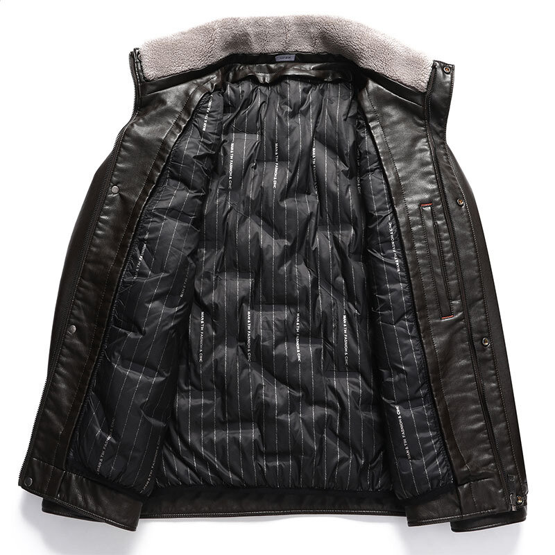 メンズカジュアル厚手の合成皮革ジャケット,冬用,白いダックダウン,ファッショナブル,暖かい,ライナー付き,冬用,80%