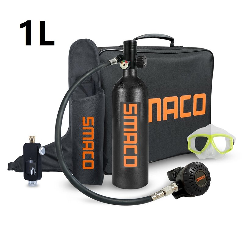 SMACO-Mini tanque de oxigênio de mergulho autônomo, portátil, reutilizável, respiração subaquática, 1L, 15-20 minutos