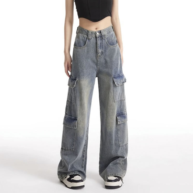 High-waisted Wide-leg Cargo Jeans For Women Vintage Fashion Streetwear Design Jeans American Wash Pants Denim Trousers
