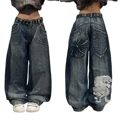 Hip Hop Graphic Retro Mom Jeans anni '90 pantaloni Streetwear Womens Harajuku Fashion Gothic vita alta pantaloni a gamba larga Y2K Jeans larghi