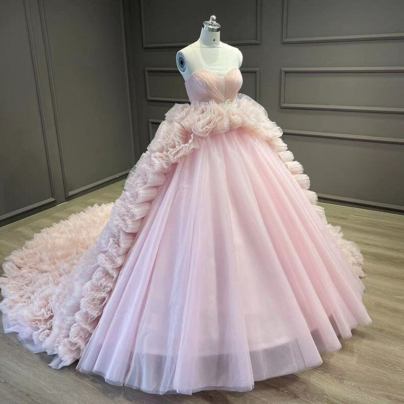 2024 new pink bandeau flower design trailing wedding dress