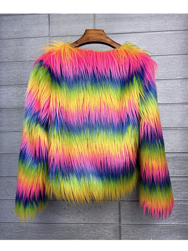 ZADORIN 2024 Autumn Winter Rainbow Fluffy Faux Fur Coat Women Macaron Long Sleeve Faux Fur Fuzzy Jacket Fur Coats for Women Tops