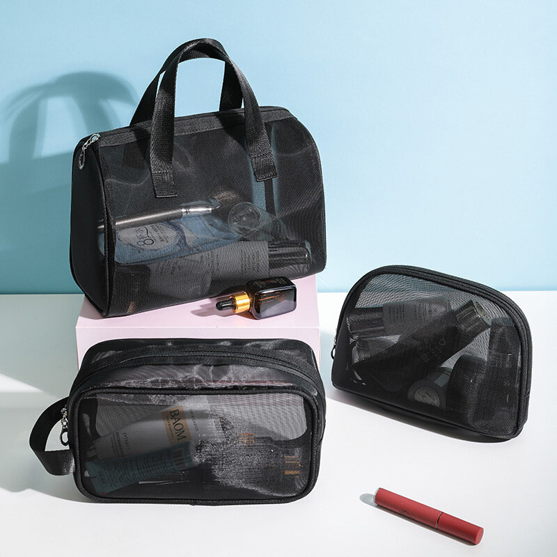 1PC borse per il trucco in rete nera donna ragazze custodia per cosmetici trasparente da viaggio kit per rossetto portatile da viaggio organizzatore da toilette