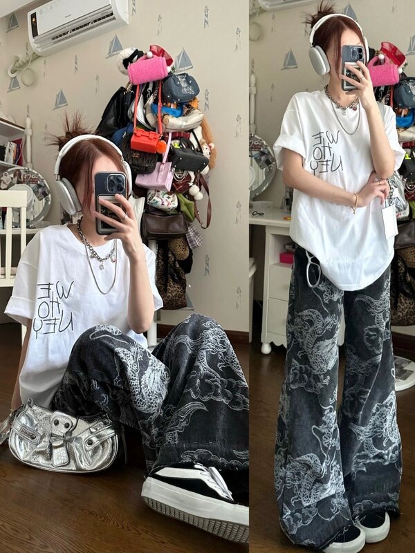 Guochao-pantalones vaqueros rectos con estampado de dragón para mujer, pantalón holgado de cintura alta, acampanado, estilo hip hop, y2k, 2023