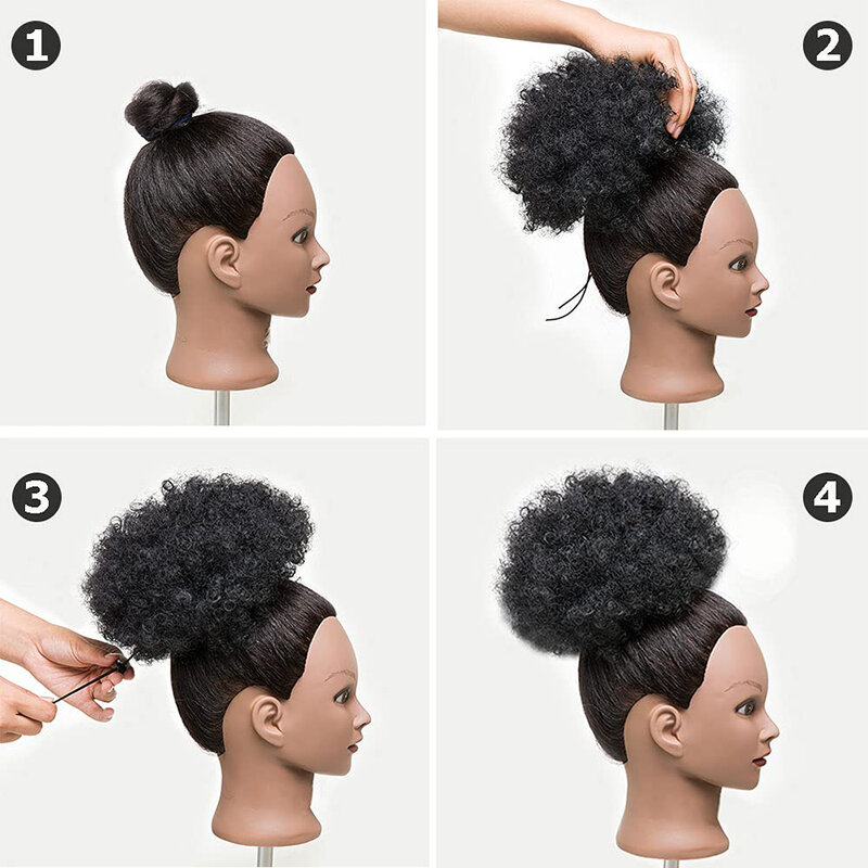 Afro Puff Drawstring Ponytail Kinky Curly Bun Hair 6 Inches Synthetic Short Extensions Clip On Bun Wig For Women Natural Black