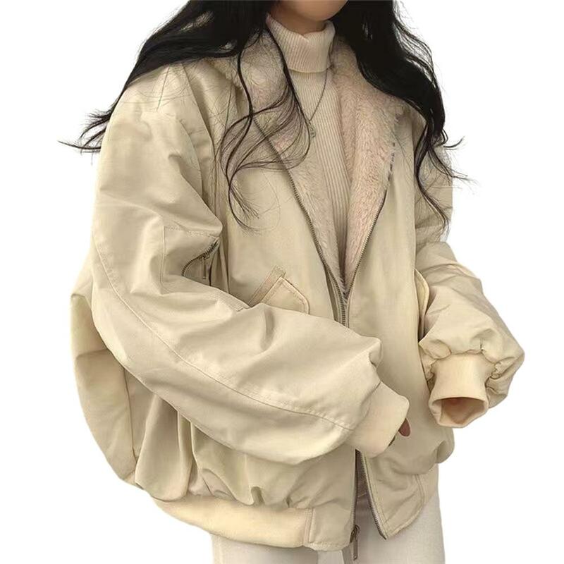 Jaqueta de zíper dupla face reversível extragrande, blusa solta com capuz, casaco feminino, grosso, quente, coreano, inverno, novo