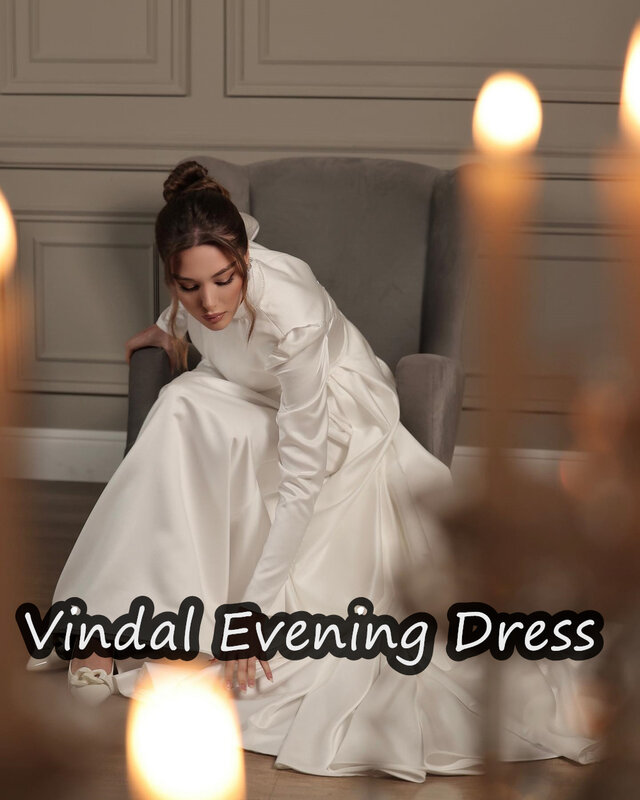 Vindal z falbanami i dekoltem do podłogi suknia wieczorowa ALine satyna elegancka wbudowana stanik saudyjska długie rękawy dla kobiet 2024