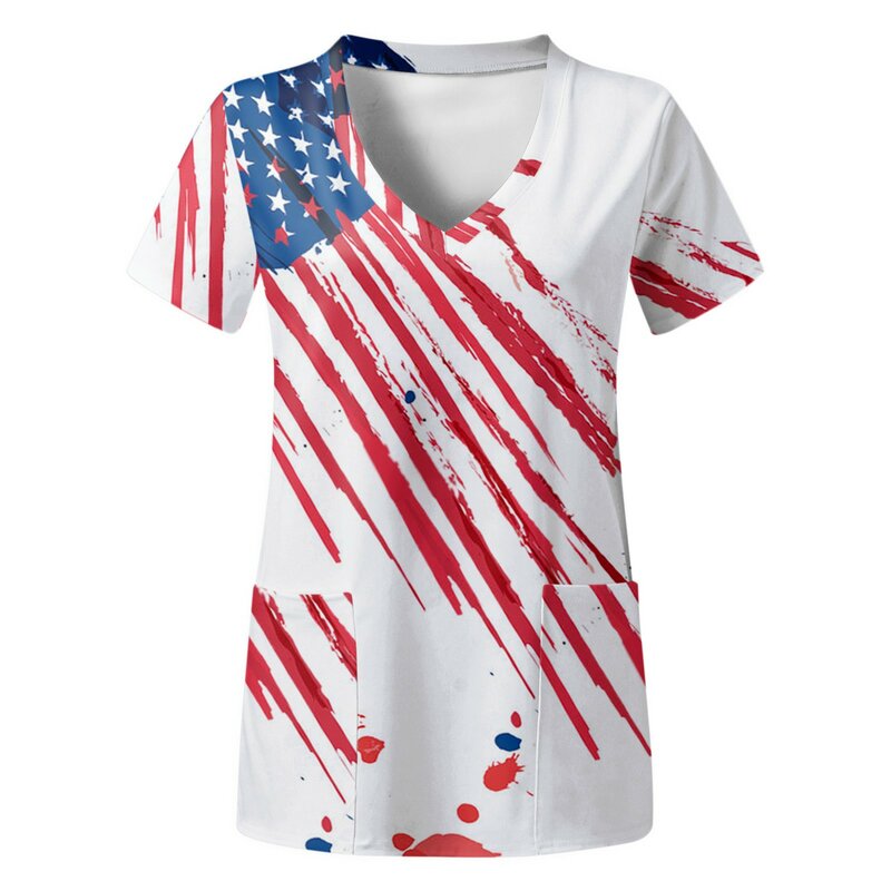 T-shirt manches courtes col en V pour femmes, Blouse avec poches, avec drapeau imprimé des états-unis