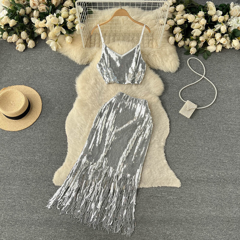 Sexy Sequined Women Sets V-neck Cropped Camisole+Tassels Skirts 2024 New Spring Summer Female Two-Piece Suits