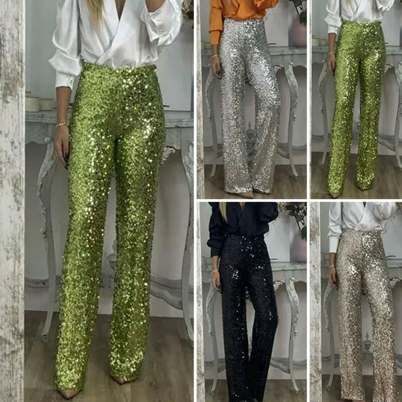 Flared Straight-leg Pants Sequins High Waist Flared Pants for Women Slim Fit Shining Trousers with Elastic Waistband Solid Color