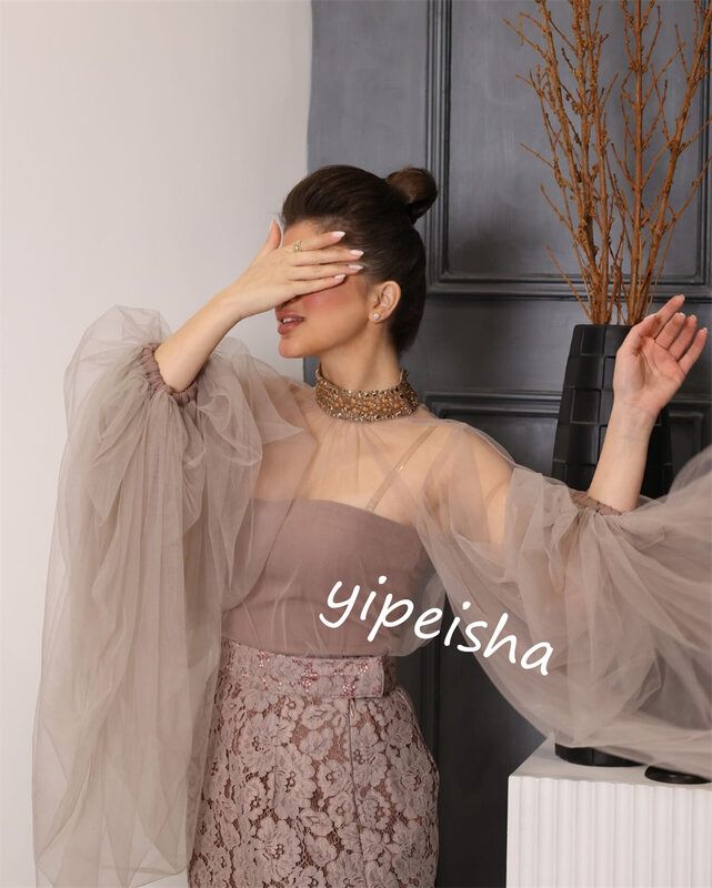 Gaun Prom malam Tulle payet pesta koktail kolom tinggi kerah Bespoke gaun acara Midi Gaun Arab Saudi