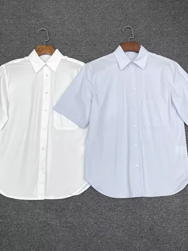 여성용 용수철 코튼 스트레이트 셔츠, 심플 루즈 통근 반팔 블라우스, 2024 신상
