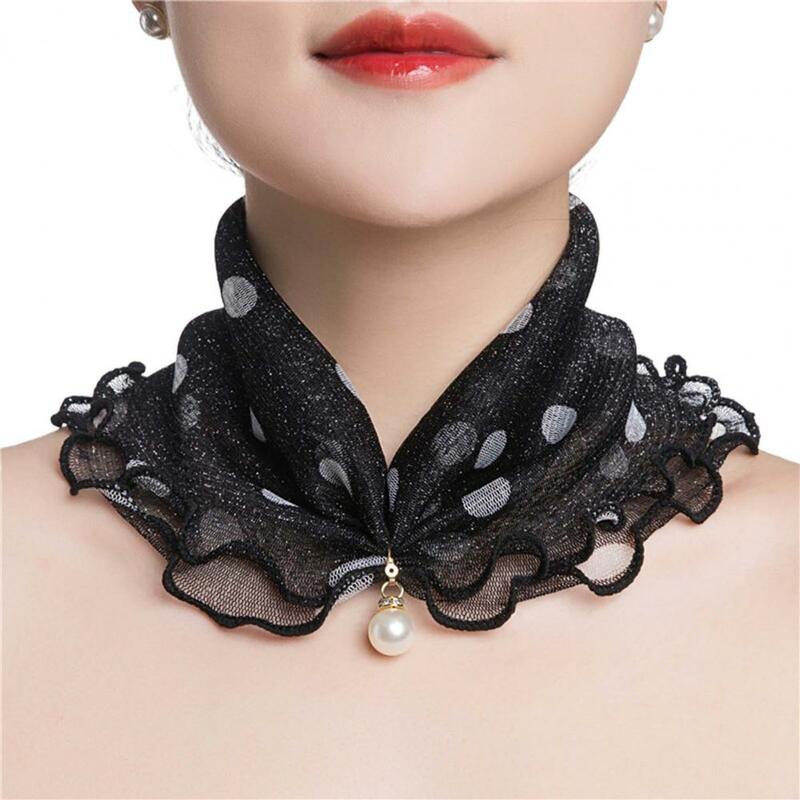 Scarf Painting Print Imitation Pearl Durable Ruffle Edge Lady Headscarf for Banquet