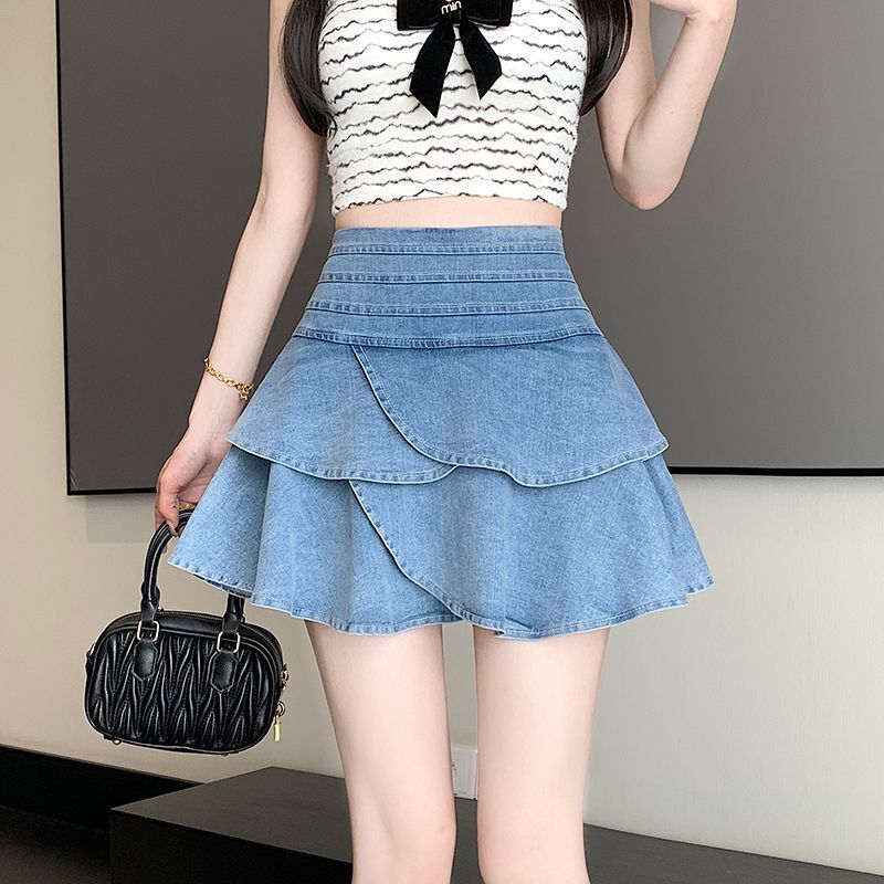 Джинсовая короткая юбка с оборками, приталенная юбка с завышенной талией, женская летняя универсальная короткая юбка в Корейском стиле, новинка 2024 года