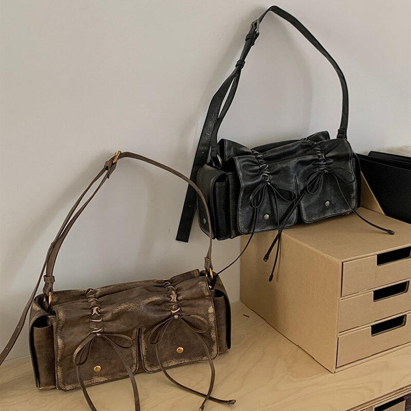 Moto & Bike Drawstring Bow Bags For Women Luxury Designer Handbags And Purses 2023 New In Vintage Pleated Shoulder Crossbody
