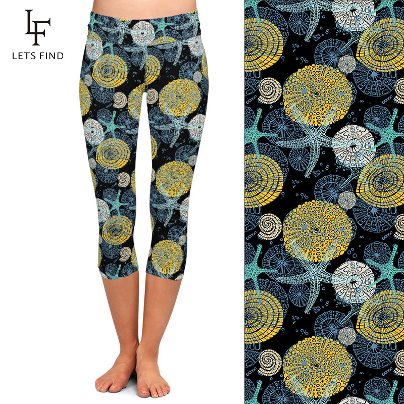 Letsfind verão nova cintura alta leggings moda feminina várias conchas, starfish impressão fitness capri leggings