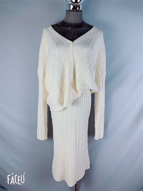 Conjunto de 2 piezas de suéter de lana para mujer, trajes de punto elegantes, Falda de punto, suéteres Vintage, cárdigan de invierno