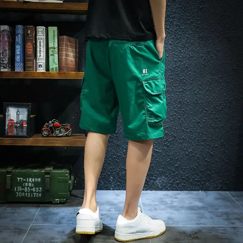 Pantalones cortos Cargo para hombre, bermudas verdes con cordón de dibujo, sólidos, anchos, Y2k, lujo, Harajuku, holgados, 2024