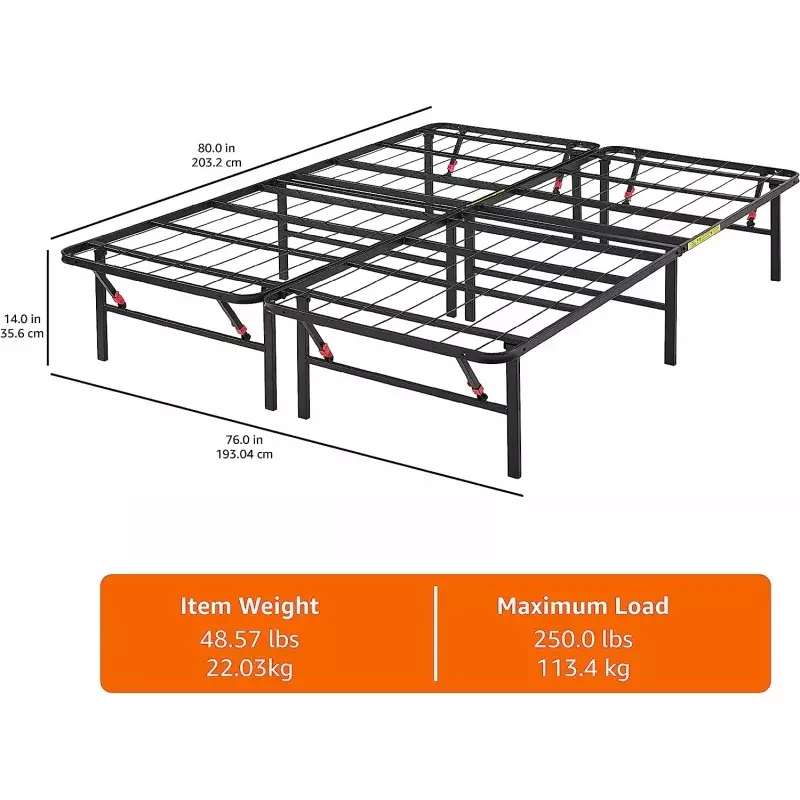 Rangka tempat tidur Platform logam lipat dasar dengan alat pengaturan gratis, tinggi 14 inci, rangka baja yang kokoh, tanpa memerlukan pegas kotak,