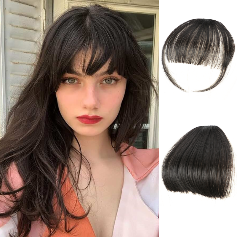 Synthetic Easy-Clip Wispy Bangs Extensions With Side Temples - Natural Black, Seamless Integration for Everyday