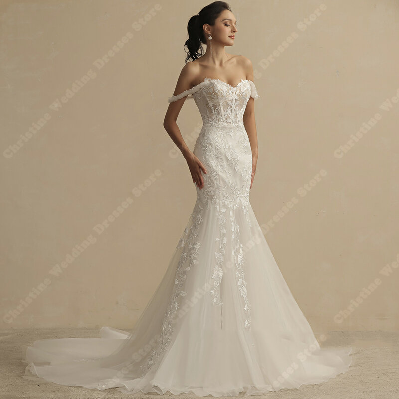 Женское фатиновое платье-русалка, простое свадебное платье с открытыми плечами и вырезом лодочкой, Пляжное Платье для принцессы