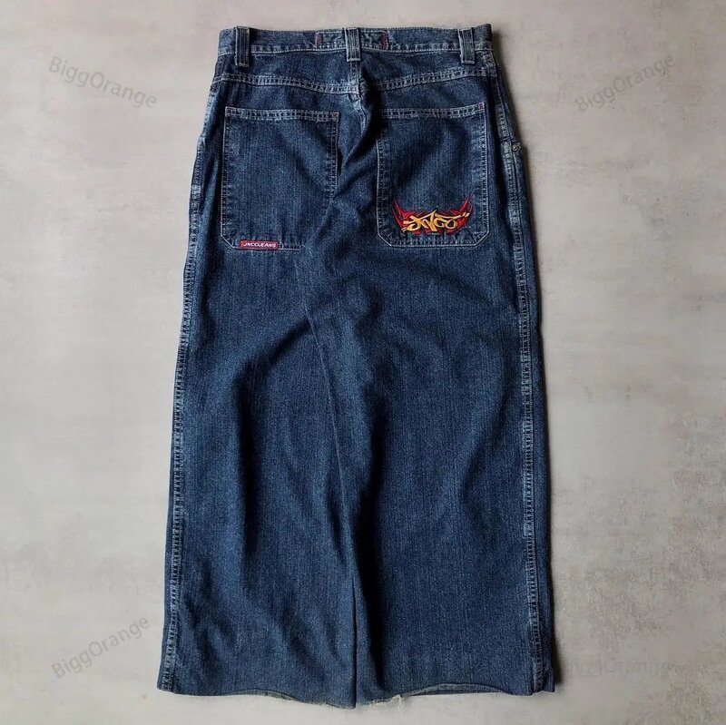 Jeans bordir niche Retro JNCO celana jeans dicuci ritsleting sambungan Amerika mode jalanan tinggi merek celana lurus longgar