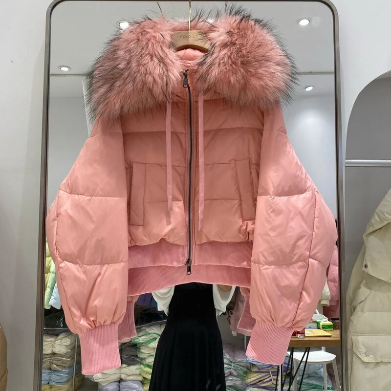 女性のための長袖の大きな毛皮の襟付きジャケット,ヨーロッパと韓国のスタイル,豪華で軽い,冬,新しい,2024