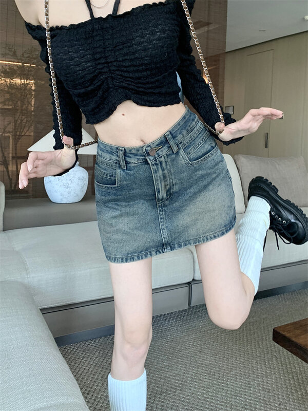 Jeans röcke mit hoher Taille Frauen Mini gewaschen Hüfte gewickelt Vintage koreanische Mode heiße Mädchen schick y2k a-Linie Sommer trend igen Klassiker