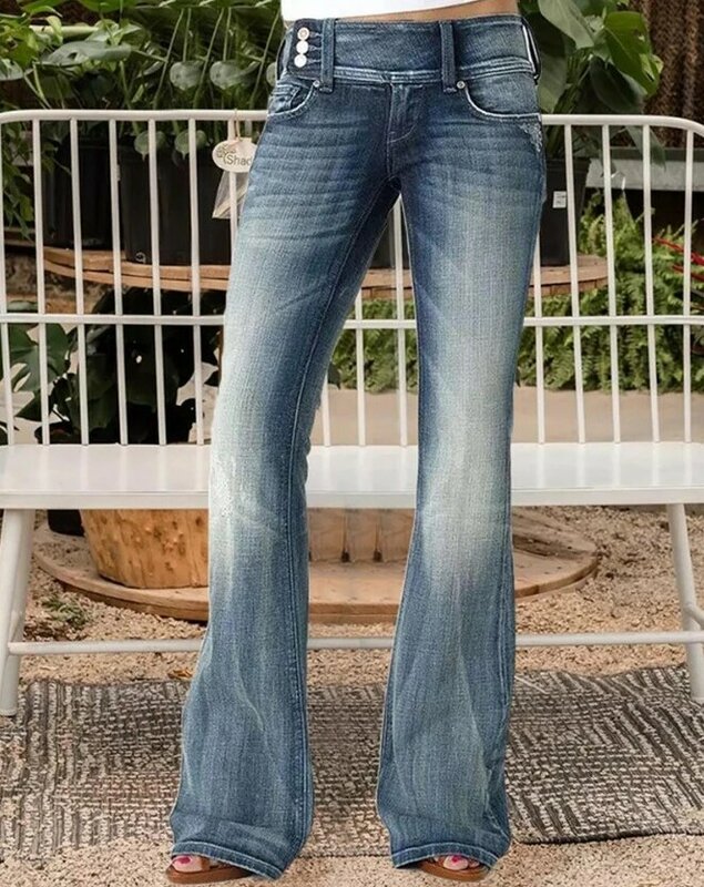 Dameskleding Vintage Knoop Zijontwerp Uitlopende Pijpen Jeans Temperament Woon-Werkverkeer Dames Casual Skinny Denim Broek