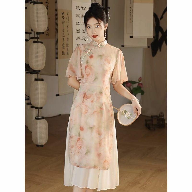 Pink embroidered long layered Aodai Cheongsam short sleeve Chinese style female summer daily evening Chinese traditional dress