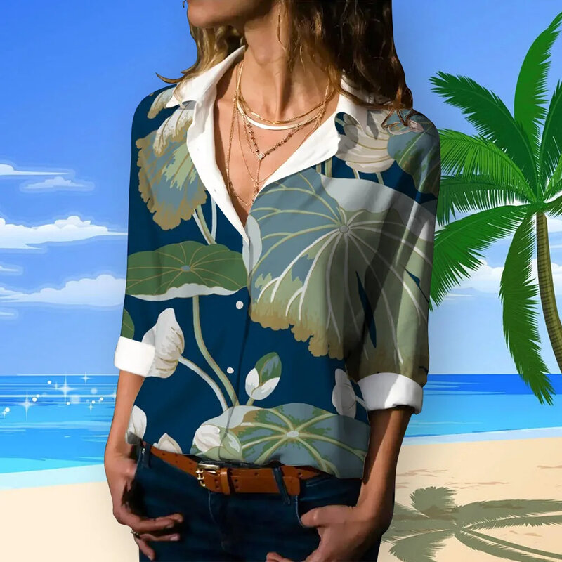 Camisa de botão havaiano de manga comprida feminina, estilo retrô, primavera, outono, elegante senhoras do escritório, impressão 3D, novo estilo, 2024