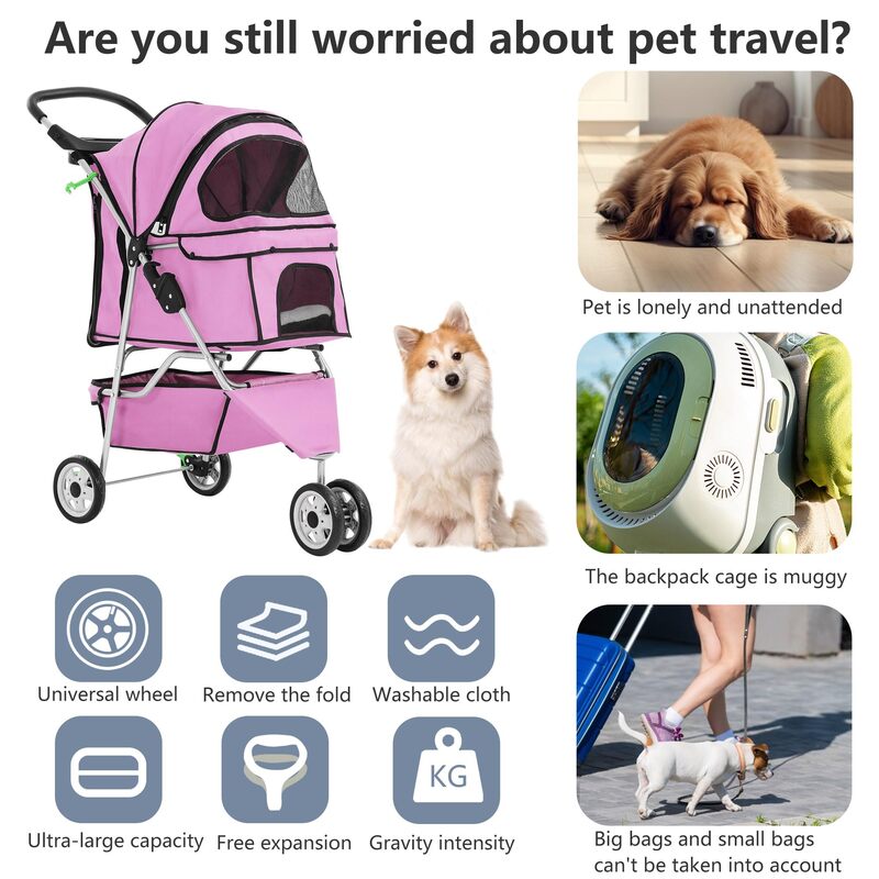 Ładny w różowym spacerze dla zwierząt: składany wózek dla psa, trójkołowy biegacz dla kota z koszem do przechowywania i uchwytem na kubek