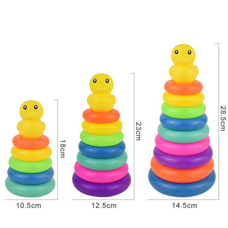 เด็กเป็ดสีเหลืองเล็กๆน้อยๆ Rainbow Tower ซ้อนวงกลมเด็กวัยเด็กการศึกษาปริศนาแหวน Montessoris ของเล่นเด็ก