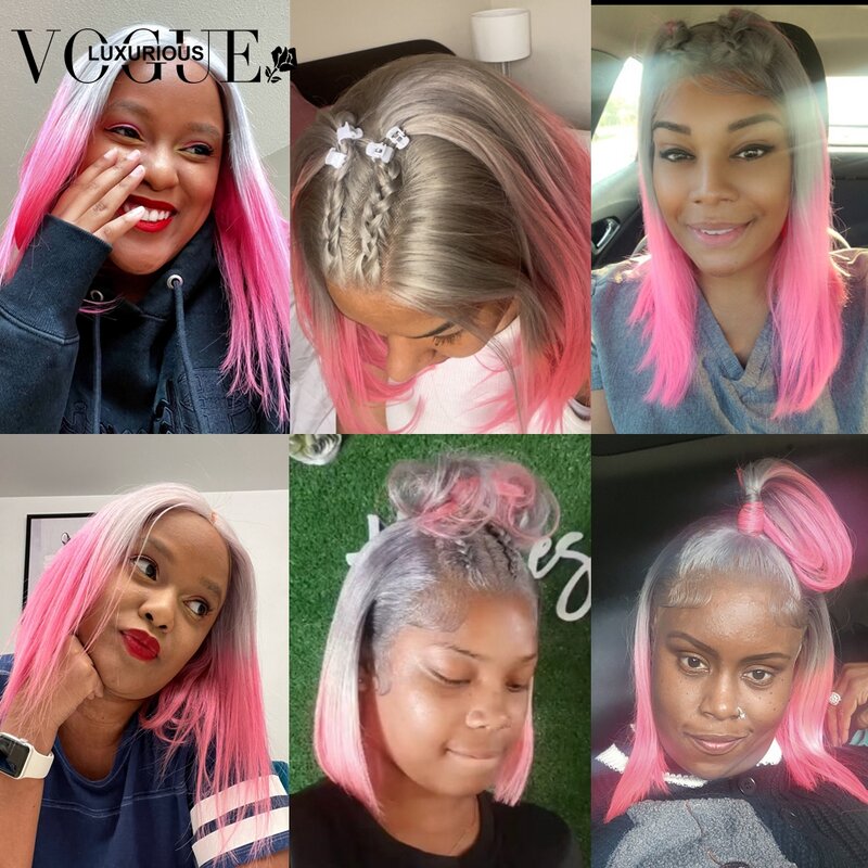 13x6 HD Lace Ombre Grey Pink Colored Wigs Brazilian Virgin Human Hair Short Bob Wig Preplucked 13x4 Transparent Lace Frontal
