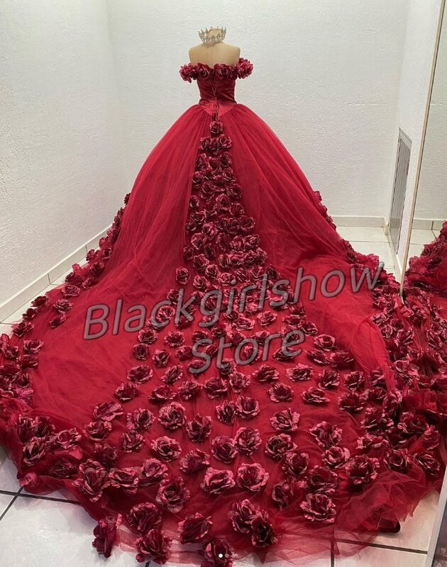 Prinses Bordeauxrode Kapel Trein Quinceanera Kleedt Een Schouder Romantische Roos Geborduurde Vestidos De Fiesta Elegantes Para Muje