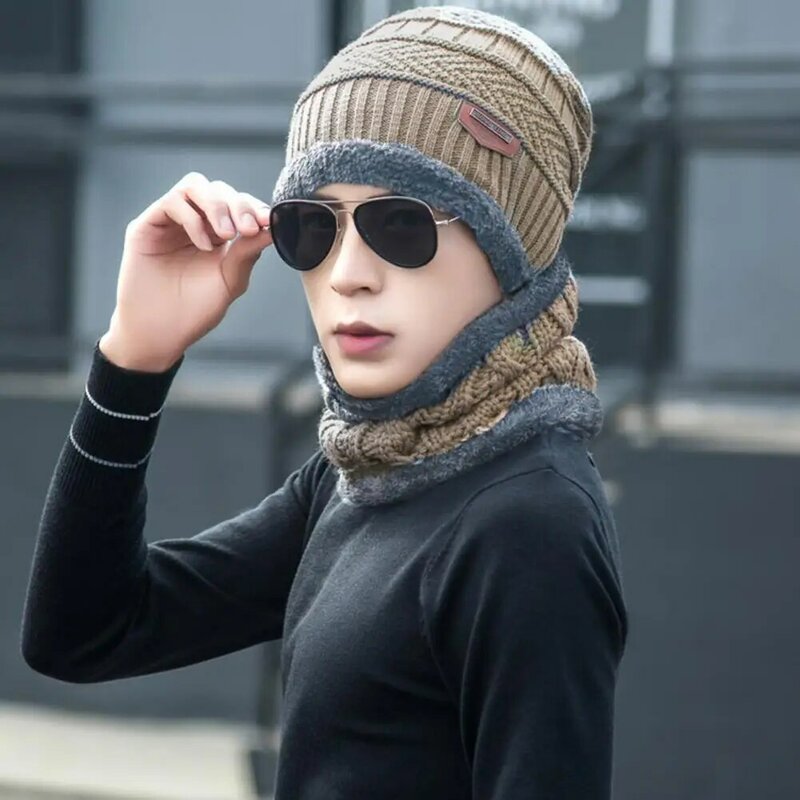 Winter Hat Set Non-slip Gloves Men's Winter Hat Scarf Gloves Set Thick Knitted Warm Outdoor Cycling Cap with Windproof Neck Wrap