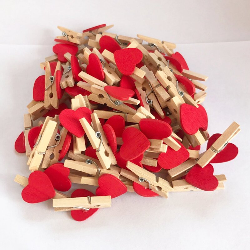 50pcs/lot Red Heart Love Wooden Clothes Photo Paper Peg Pin Mini Clothespin Postcard Clips Home Wedding Decoration Stationery