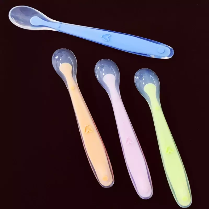 Cucchiaio in Silicone morbido per bambini con scatola portaoggetti cucchiaio con rilevamento della temperatura del colore della caramella piatti per l'alimentazione del cibo per bambini apparecchio per l'alimentazione