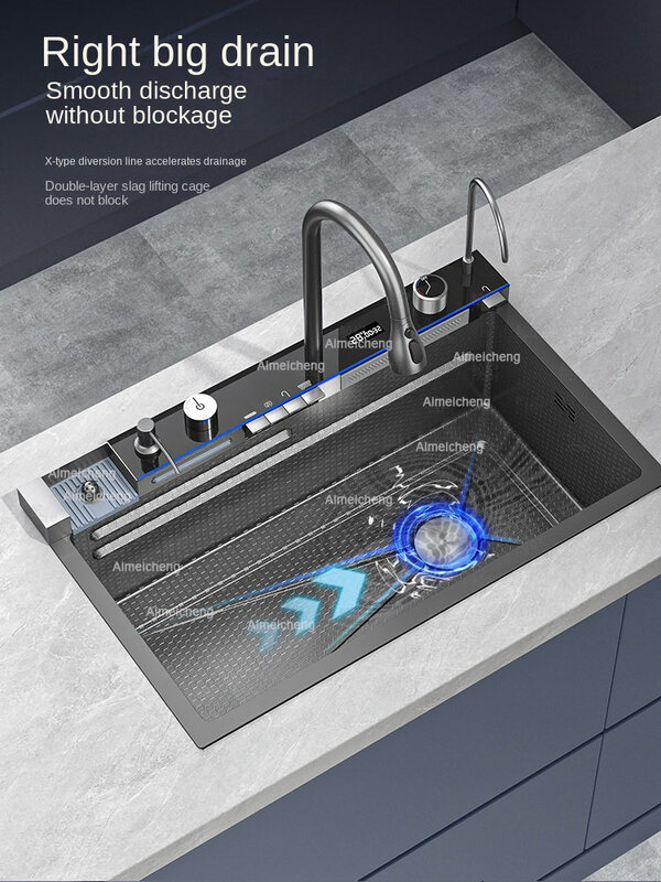Fregadero de Cocina en cascada integrado, tecnología de panal, gran pantalla digital, dispensador de jabón de acero inoxidable, lavadora de tazas