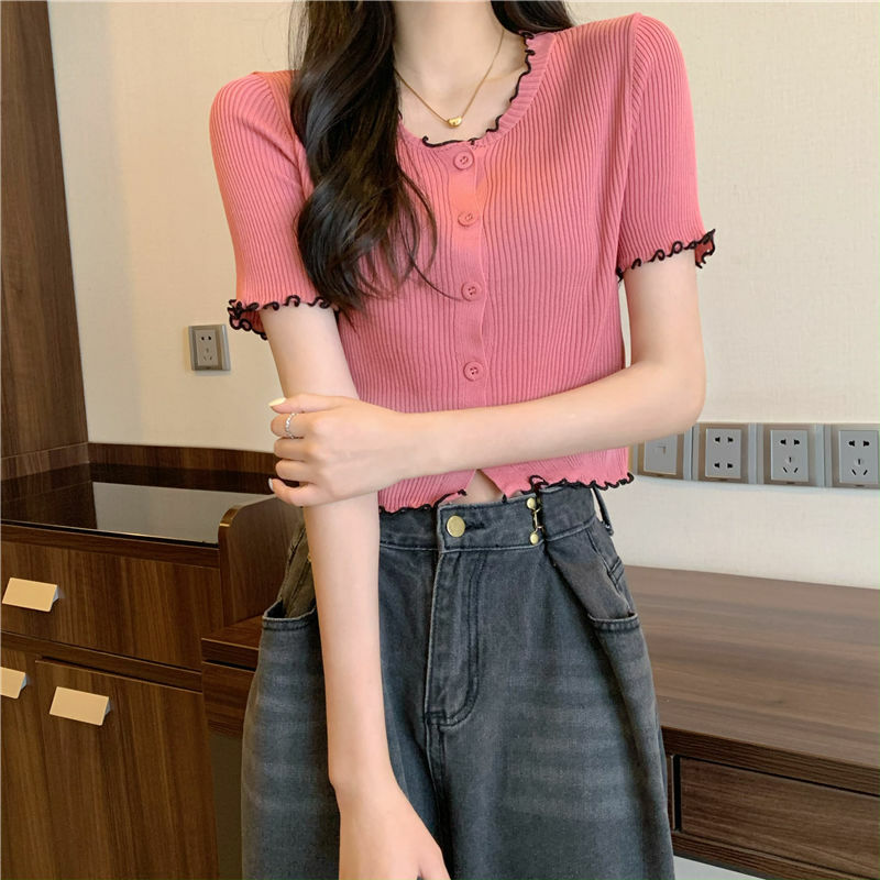Casual Women's T Shirt Girl Clothes French Chic Black Top Fashion Female Basic Ruched Patchwork O Neck Harajuku Streetwear Tees
